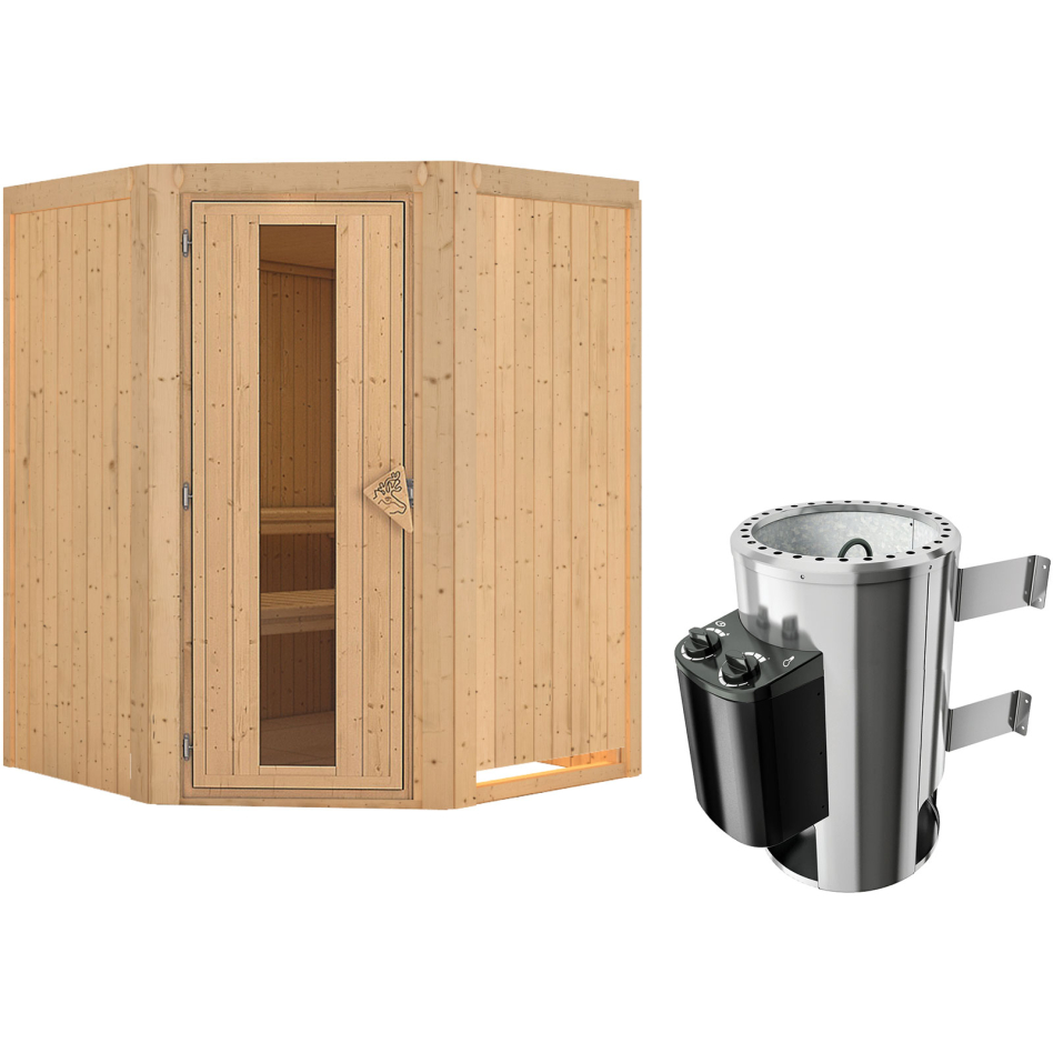 Karibu Sauna Nanja, 3,6 kW Ofen, Plug&Play int. Steuerung, Porte en bois avec vitrage isolant,sans corniche,vitrage claire