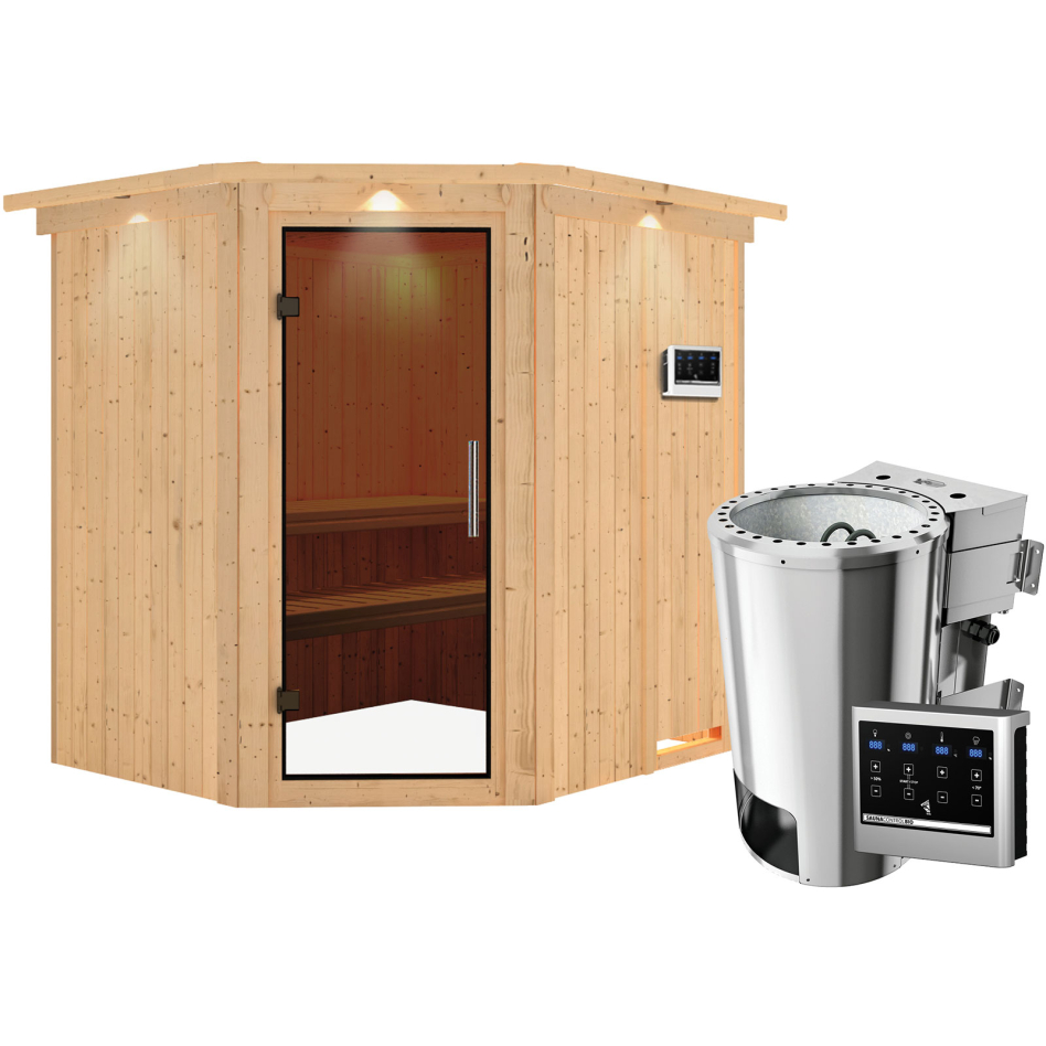 Sauna Karibu Lilja, Easy Bio 3,6 kW Ofen, avec costière de toiture,graphit,Porte tout verre