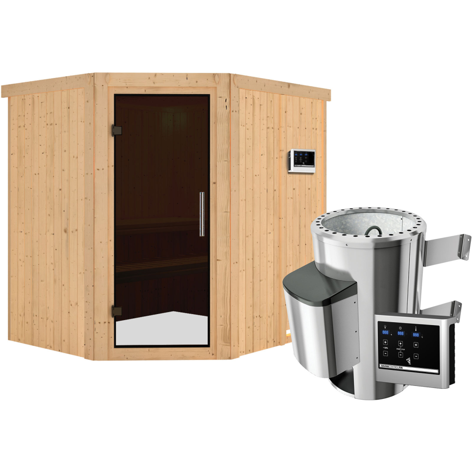 Sauna Karibu Lilja, Easy Finnisch 3,6 kW Ofen, graphit,Porte tout verre,sans corniche
