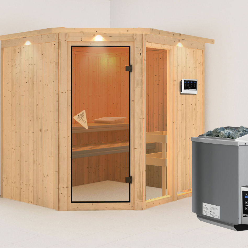 Karibu Sauna Fiona 2, 9 kW cmd ext. Easy Bio, avec costière de toiture