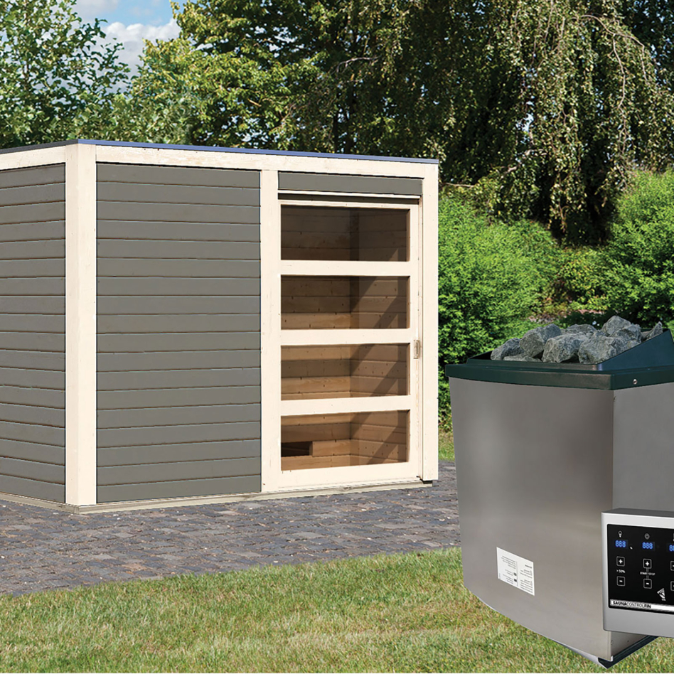 Maison de sauna en bois Karibu Cuben gris terre, 9 kW cmd ext. Easy Finnisch