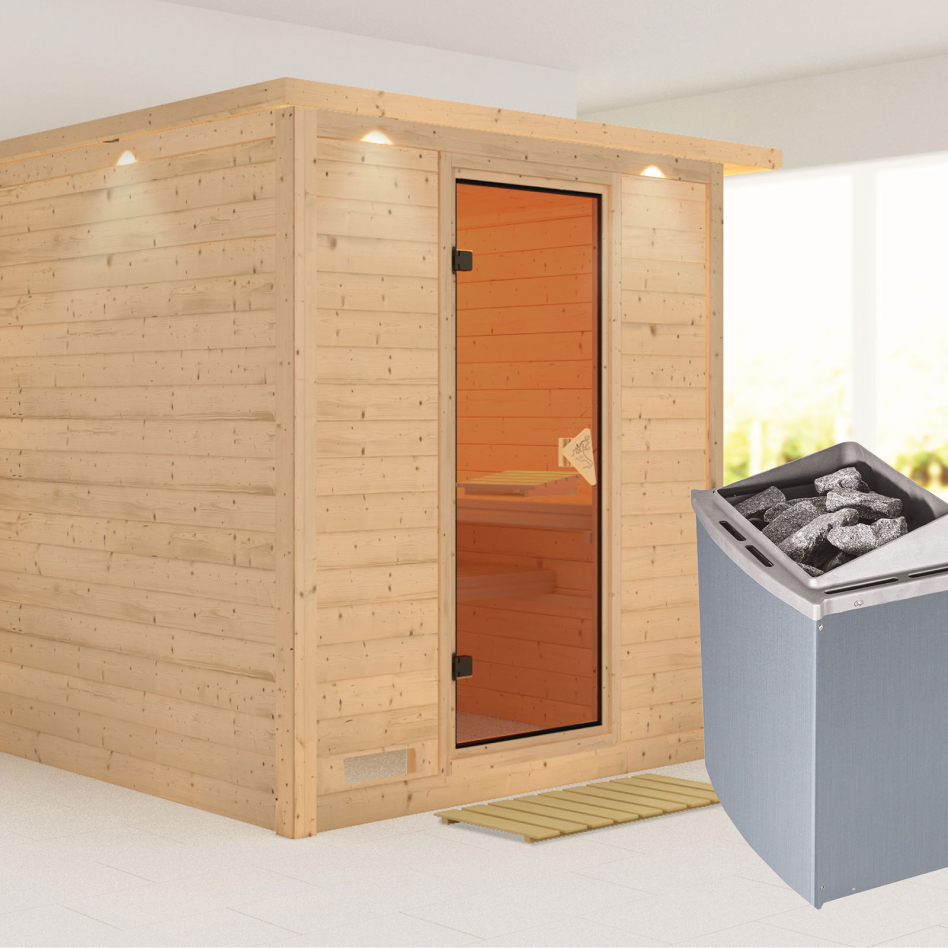Karibu Sauna Mojave, 9 kW cmd intégrée, avec costière de toiture,bronzé,Porte tout verre