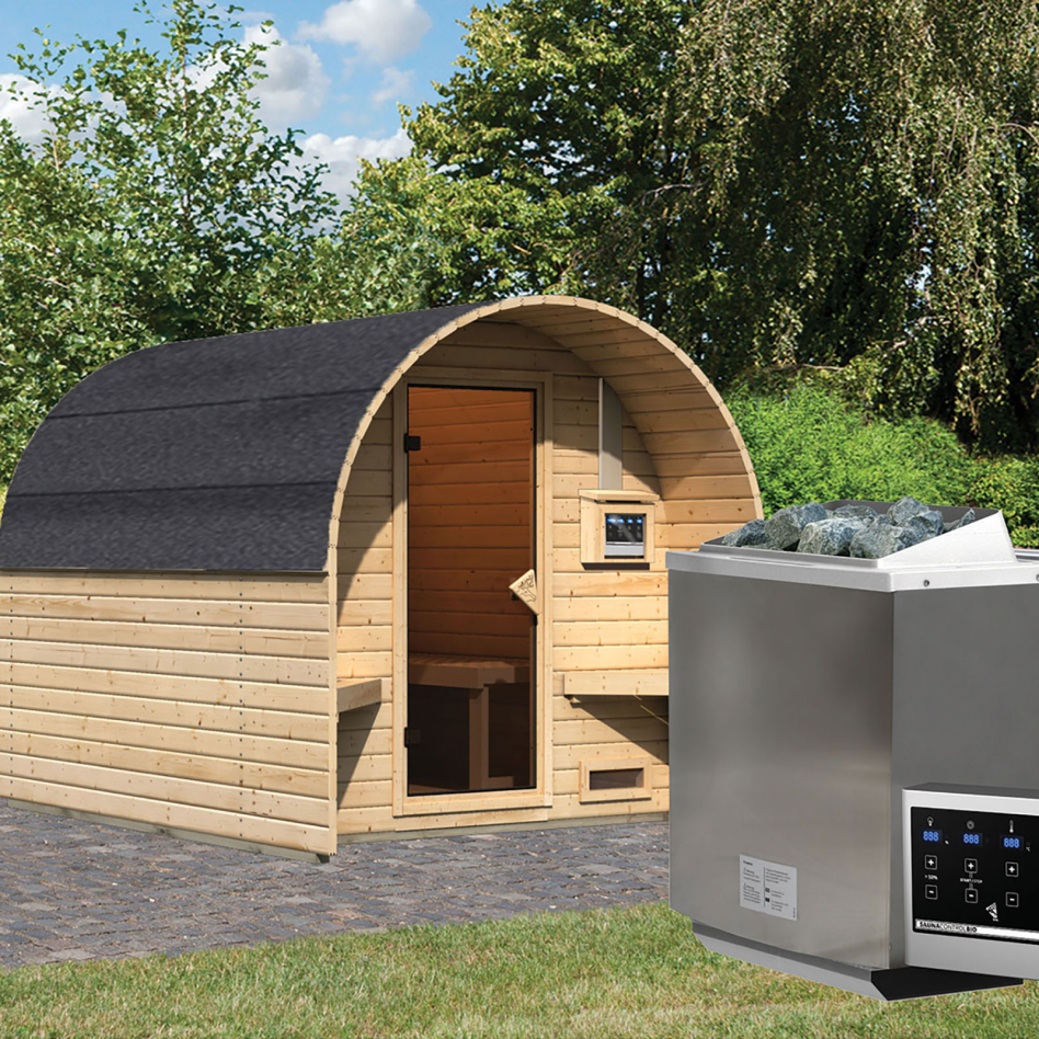 Maison sauna tonneau Karibu 2 naturelle, 9 kW cmd ext. Easy Bio