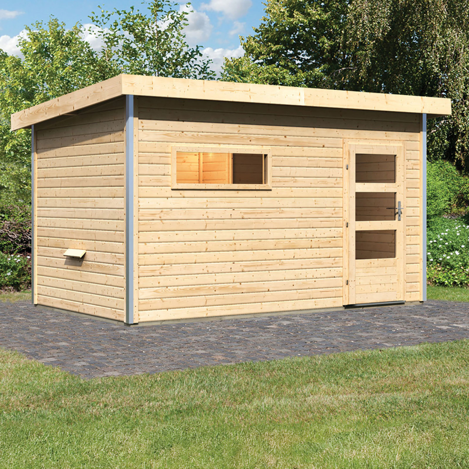 Maison de sauna Karibu Skrollan 3 Naturel, sans poêle, vitrage claire