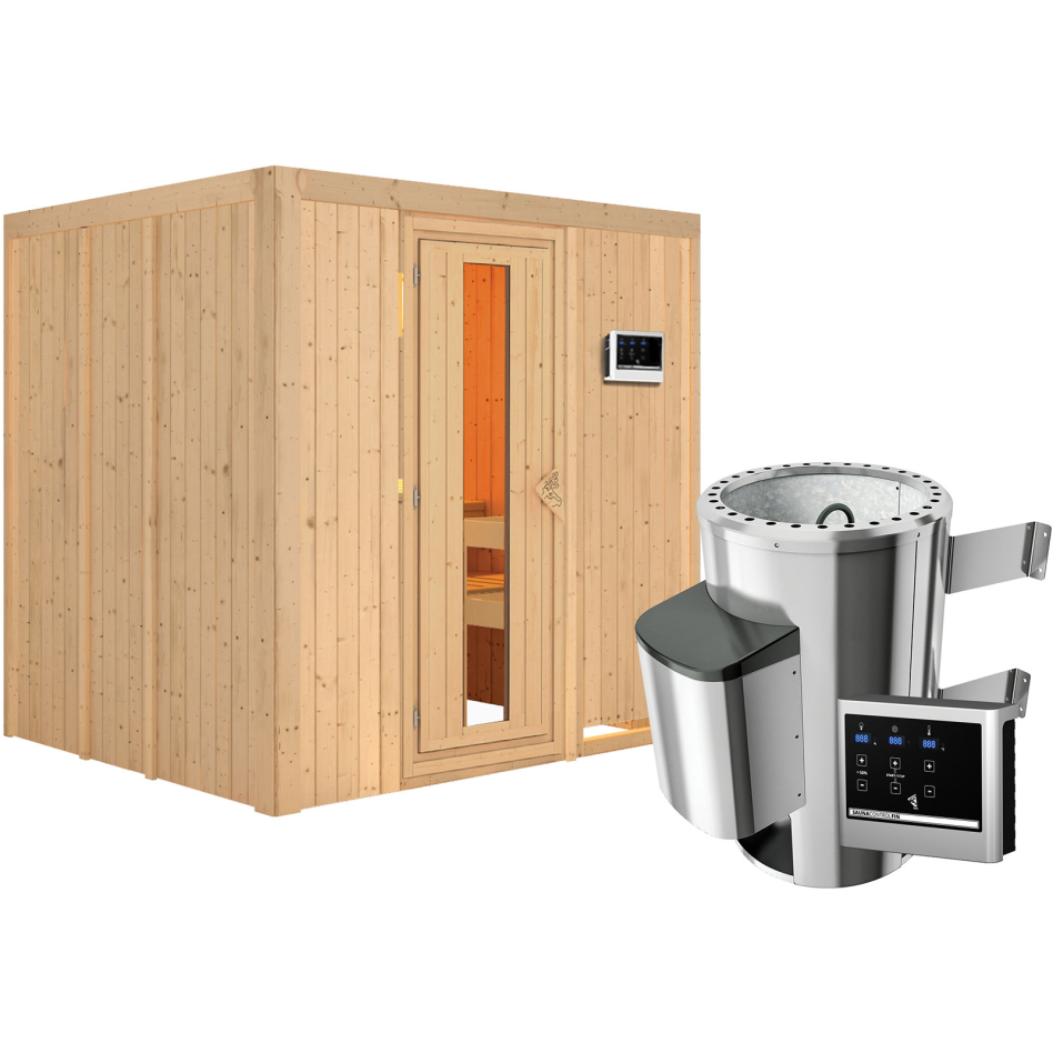 Sauna Karibu Daria, Easy Finnisch 3,6 kW Ofen, Porte en bois avec vitrage isolant,sans corniche,vitrage claire