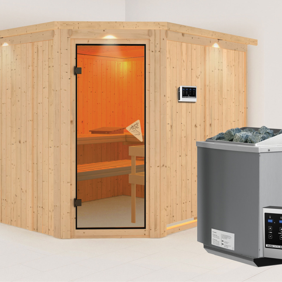 Karibu Sauna Malin, 9 kW cmd ext. Easy Bio, avec costière de toiture,bronzé,Porte tout verre