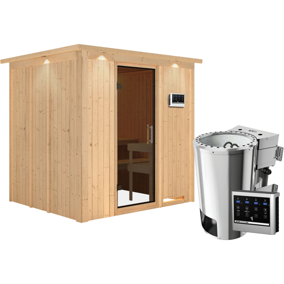 Sauna Karibu Daria, Easy Bio 3,6 kW Ofen, avec costière de toiture,graphit,Porte tout verre