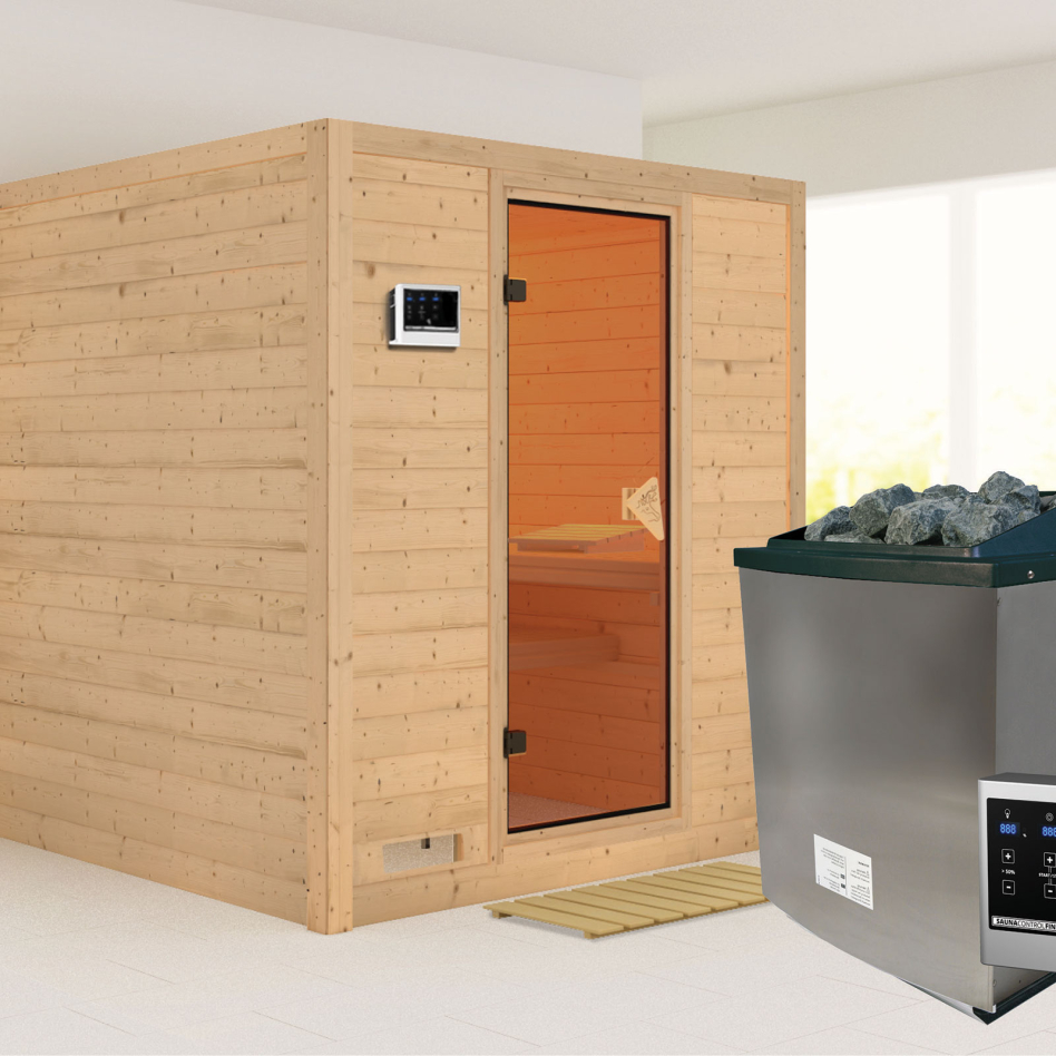 Karibu Sauna Mojave, 9 kW cmd ext. Easy Finnisch, bronzé,Porte tout verre,sans corniche