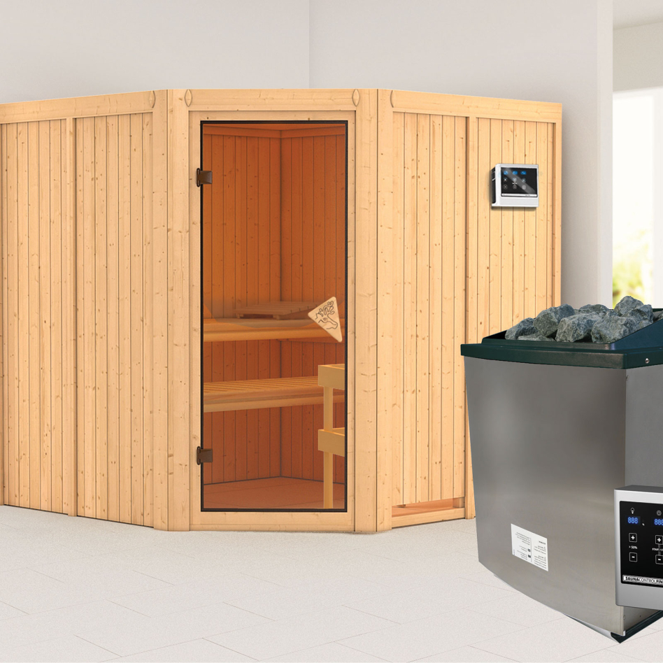 Karibu Sauna Jarin, 9 kW cmd ext. Easy Finnisch, bronzé,Porte tout verre,sans corniche