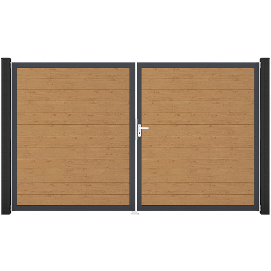 Portail double clôture à lames GroJa BasicLine étroit PVC, couleur chêne naturel, DIN droite, anthracite DB 703