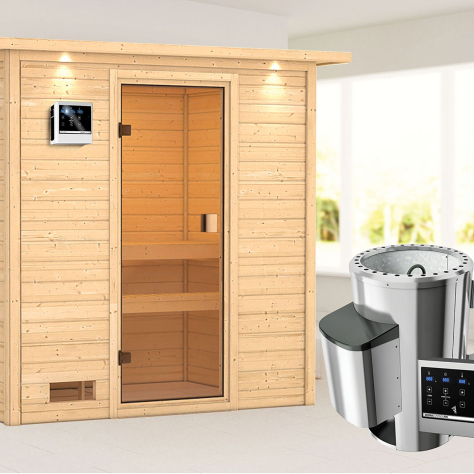 Sauna Karibu Woodfeeling Selena, Easy Finnisch 3,6 kW Ofen, avec costière de toiture