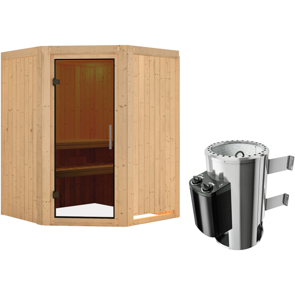 Karibu Sauna Nanja, 3,6 kW Ofen, Plug&Play int. Steuerung, graphit,Porte tout verre,sans corniche