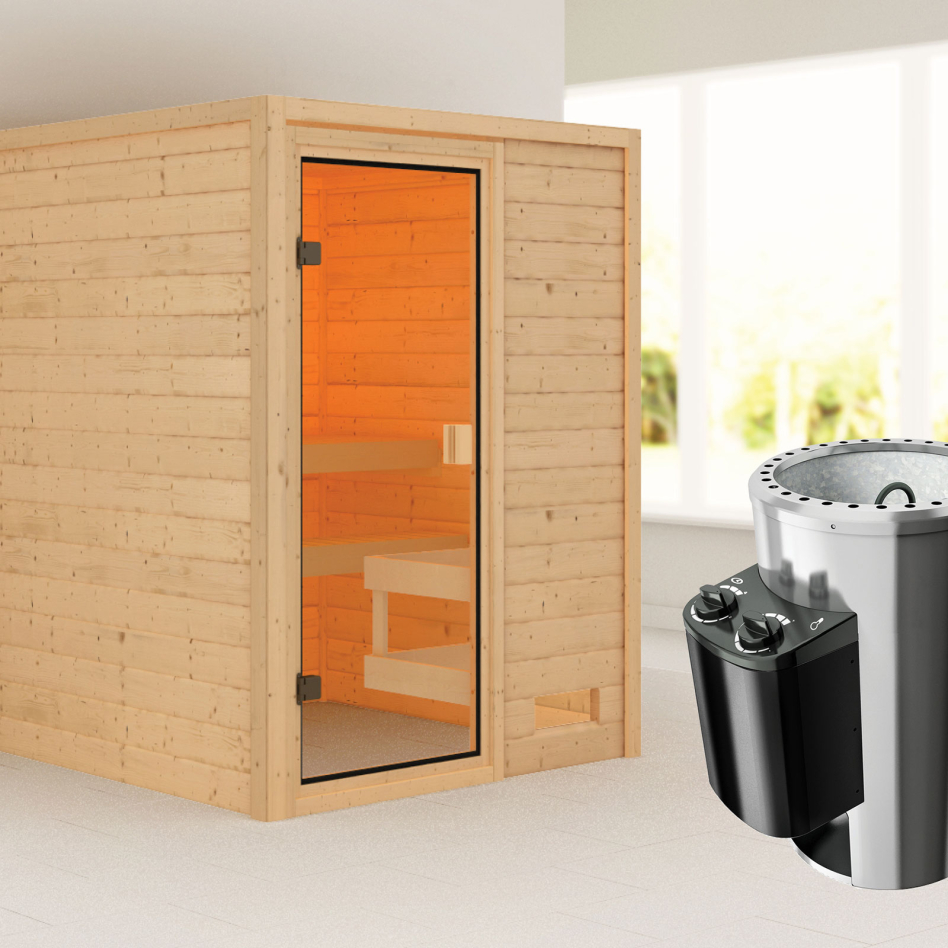 Sauna Karibu Woodfeeling Sandra, 3,6 kW Ofen, Plug&Play int. Steuerung, sans corniche