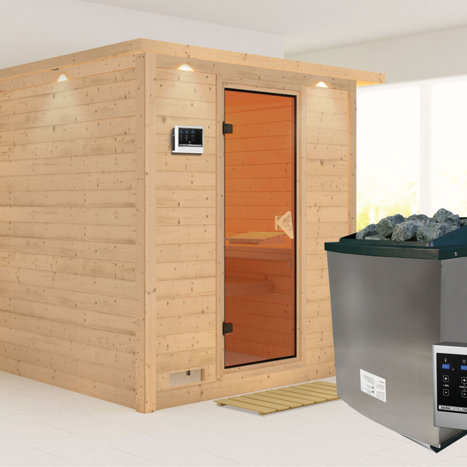 Karibu Sauna Mojave, 9 kW cmd ext. Easy Finnisch, avec costière de toiture,bronzé,Porte tout verre