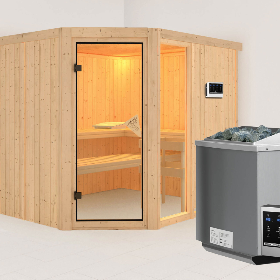Karibu Sauna Fiona 3, 9 kW cmd ext. Easy Bio, sans corniche