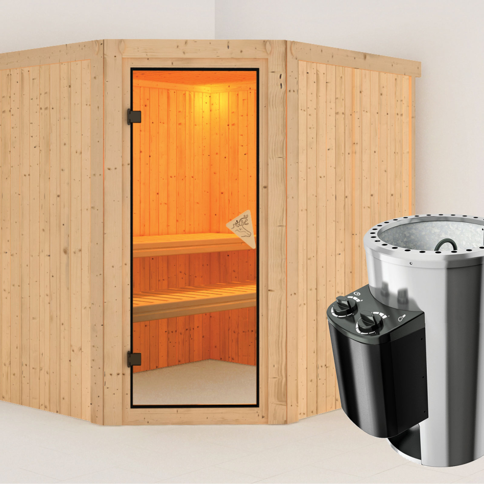 Sauna Karibu Lilja, 3,6 kW Ofen, Plug&Play int. Steuerung, bronzé,Porte tout verre,sans corniche