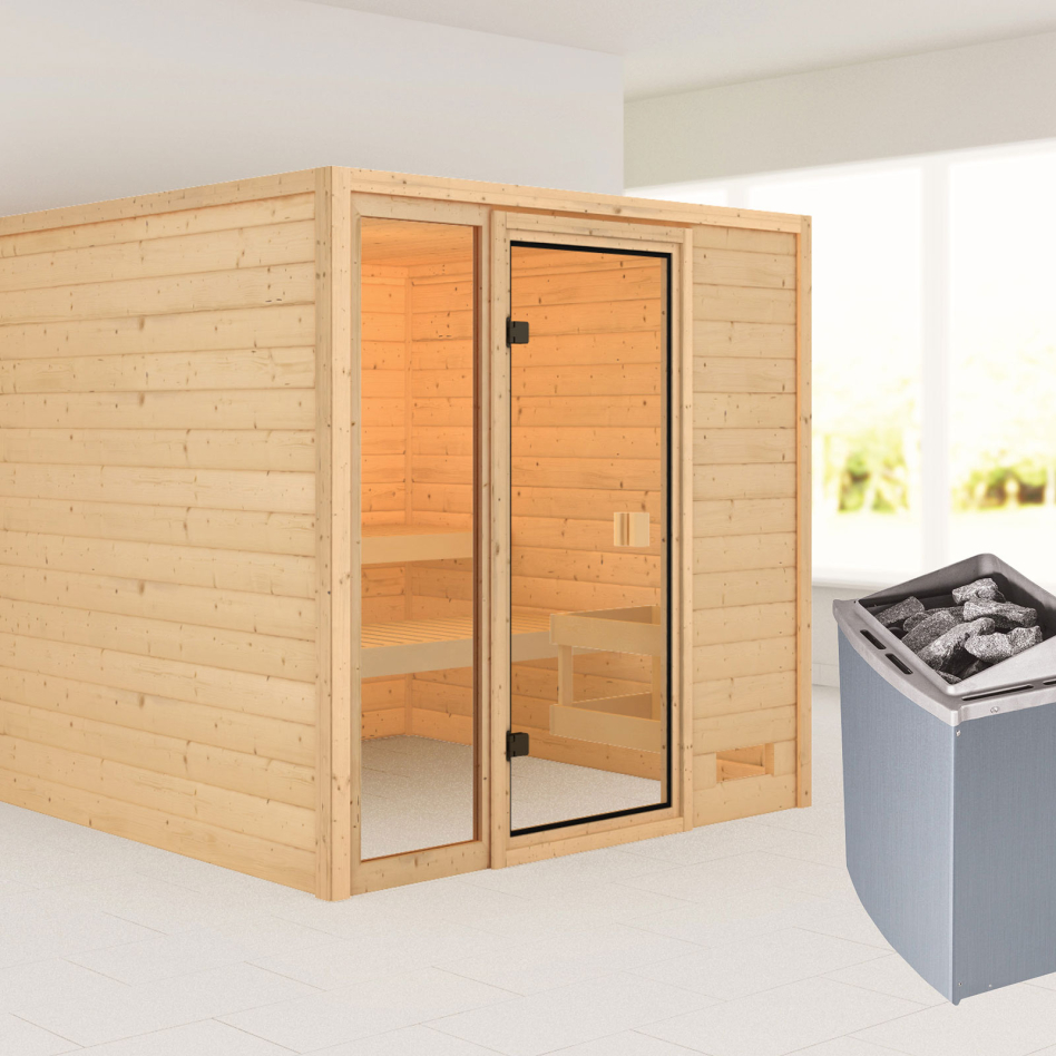 Sauna Karibu Woodfeeling Jutta, 9 kW cmd intégrée, sans corniche