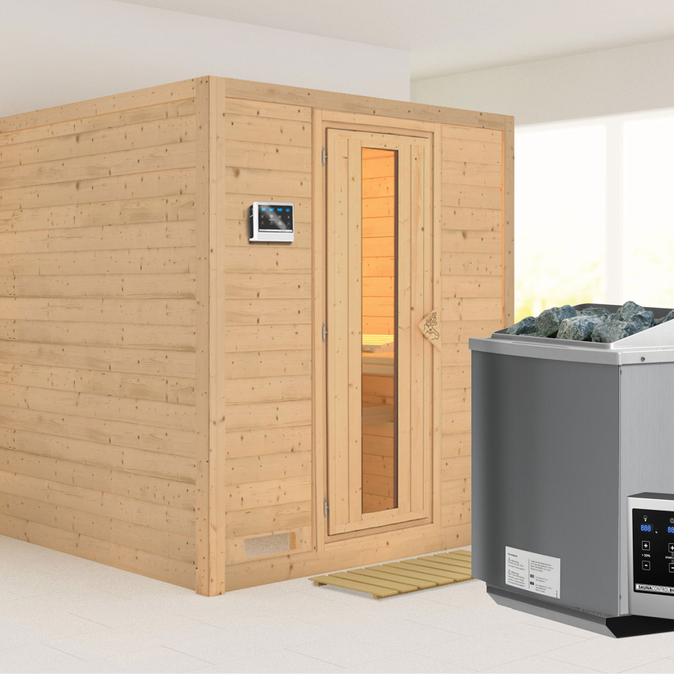 Karibu Sauna Mojave, 9 kW cmd ext. Easy Bio, Porte en bois avec vitrage isolant,sans corniche,vitrage claire