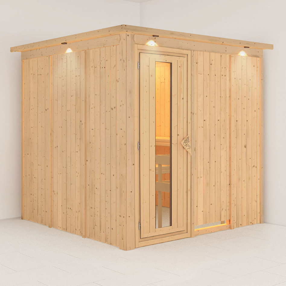 Karibu Sauna Rodin, sans poêle, avec costière de toiture,Porte en bois avec vitrage isolant,vitrage claire