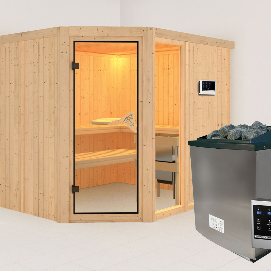 Karibu Sauna Fiona 3, 9 kW cmd ext. Easy Finnisch, sans corniche