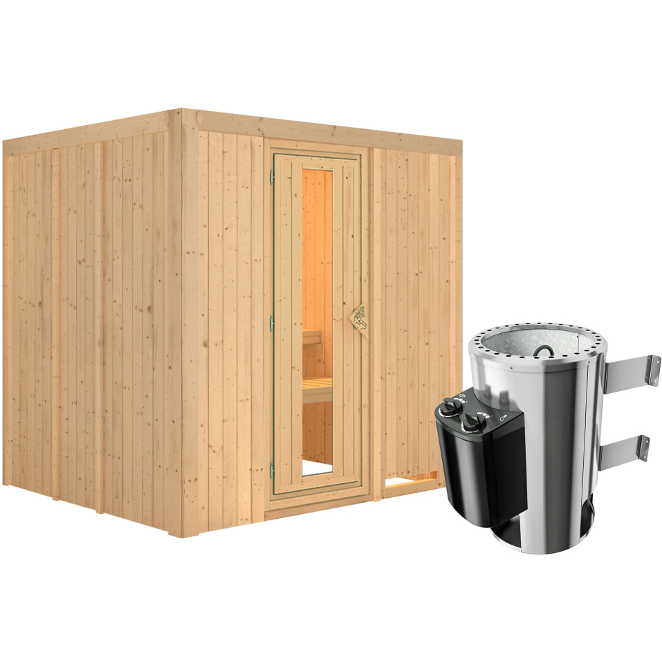 Sauna Karibu Daria, 3,6 kW Ofen, Plug&Play int. Steuerung, Porte en bois avec vitrage isolant,sans corniche,vitrage claire