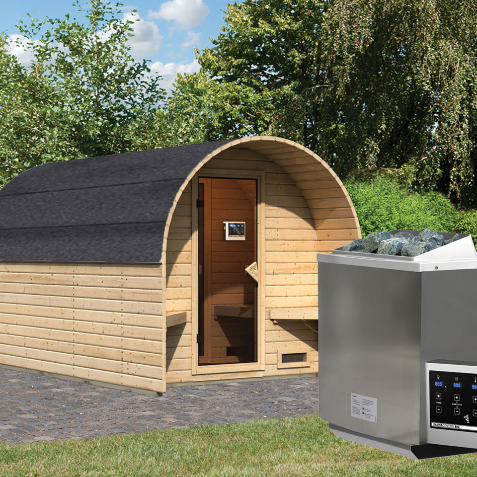 Maison sauna tonneau Karibu 3 naturelle, 9 kW cmd ext. Easy Bio