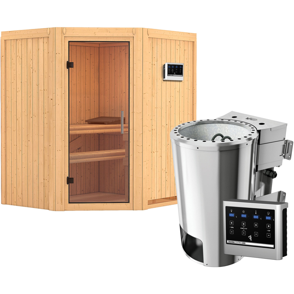 Karibu Sauna Tonja, Easy Bio 3,6 kW Ofen, Porte tout verre,sans corniche,vitrage claire
