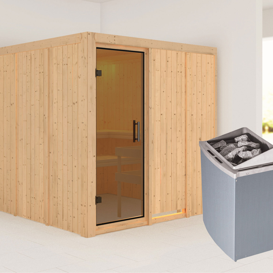 Karibu Sauna Rodin, 9 kW cmd intégrée, graphit,Porte tout verre,sans corniche