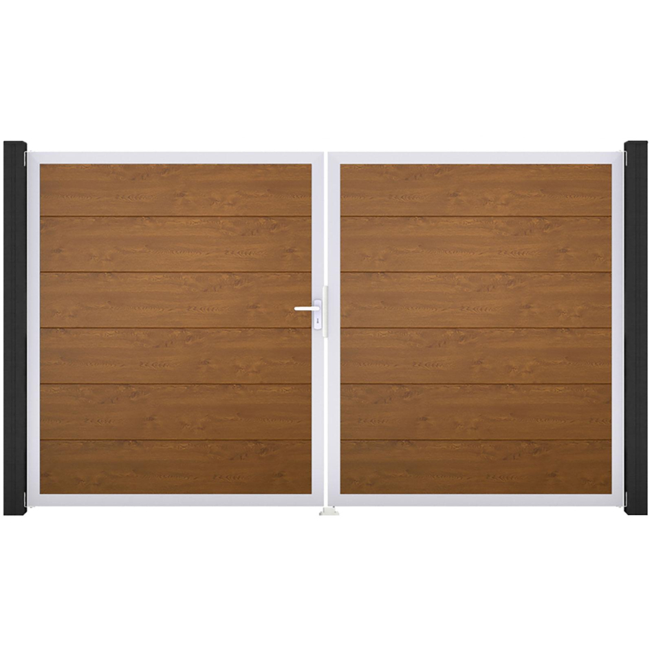 GroJa Doppeltor BasicLine PVC-Steckzaun Golden Oak , DIN Links, Silber EV1