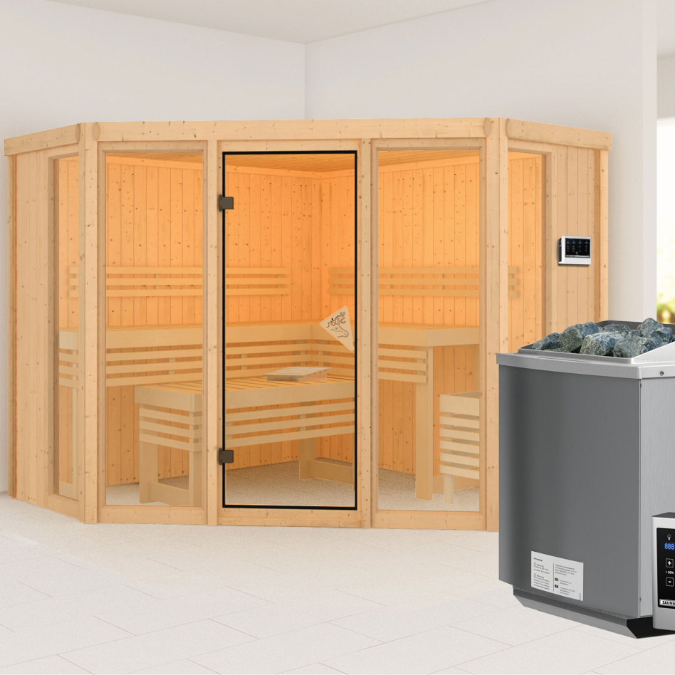 Sauna Karibu Alcinda, 9 kW cmd ext. Easy Bio, sans corniche