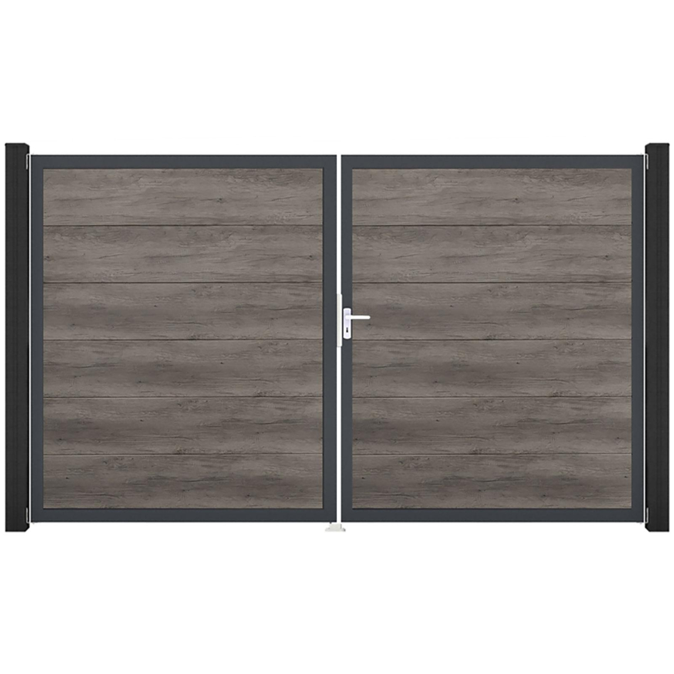 GroJa Doppeltor BasicLine PVC-Steckzaun Monument Oak , DIN Rechts, Anthrazit DB 703