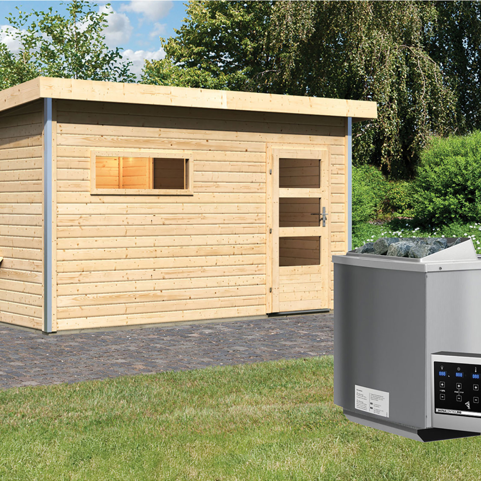 Maison de sauna Karibu Skrollan 3 Naturel, 9 kW cmd ext. Easy Bio, vitrage claire