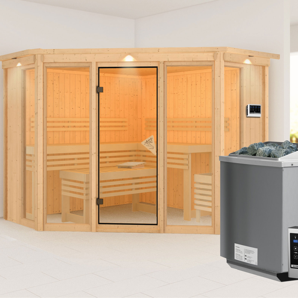 Sauna Karibu Alcinda, 9 kW cmd ext. Easy Bio, avec costière de toiture