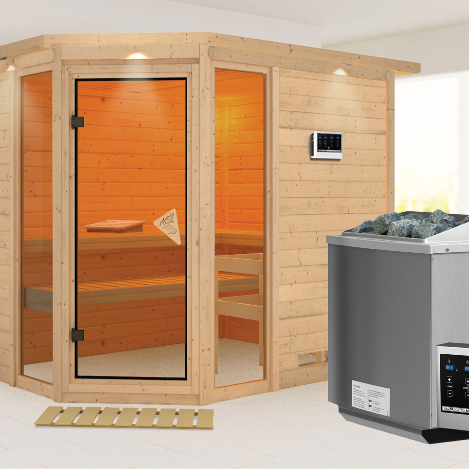 Karibu Sauna Sinai 3, 9 kW cmd ext. Easy Bio, avec costière de toiture