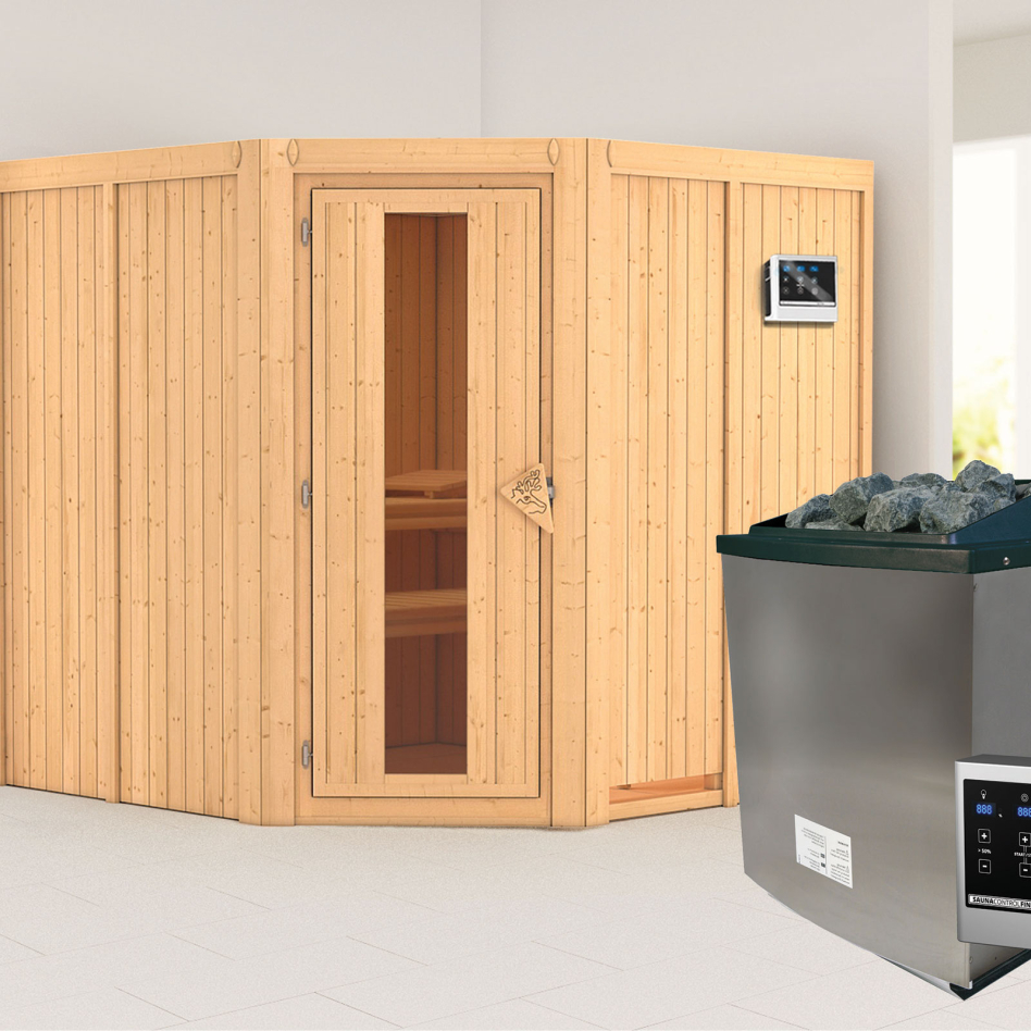 Karibu Sauna Jarin, 9 kW cmd ext. Easy Finnisch, Porte en bois avec vitrage isolant,sans corniche,vitrage claire