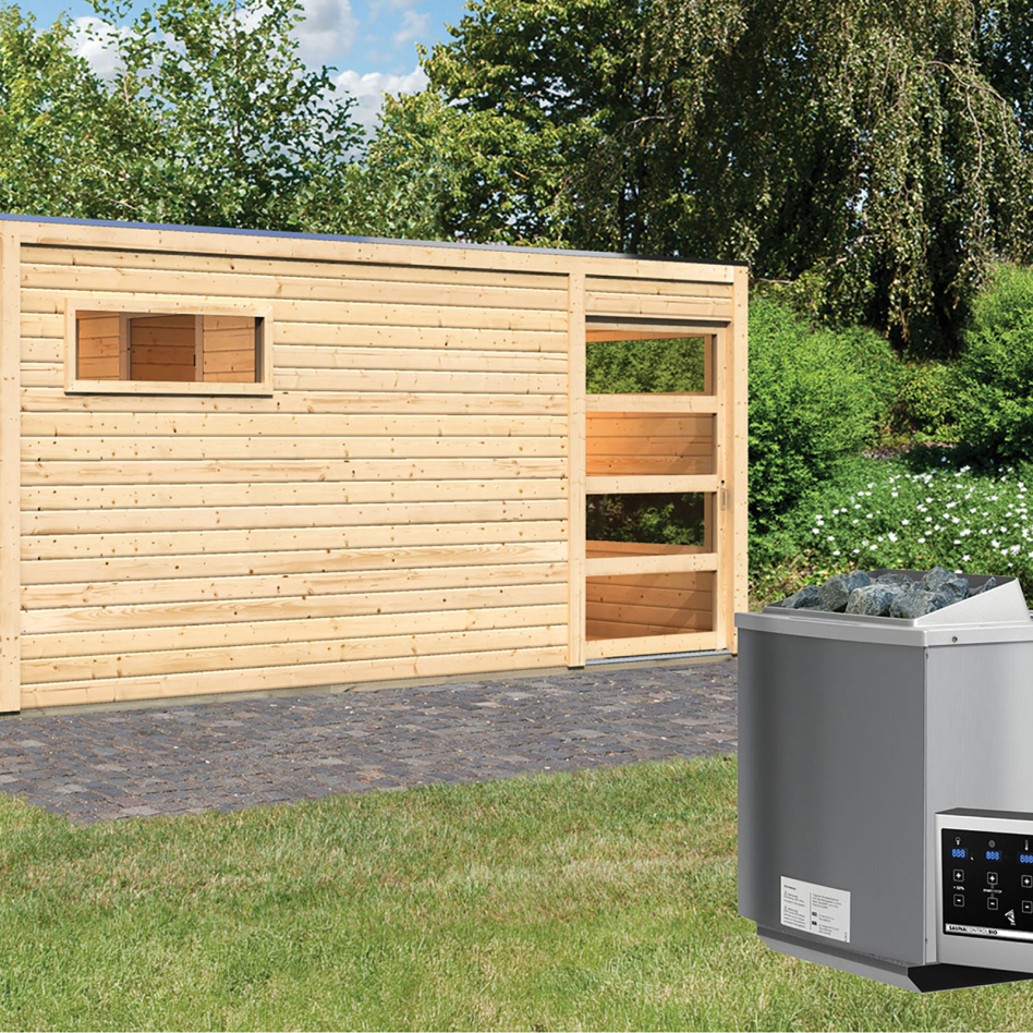 Maison de sauna en bois Karibu Hygge naturel, 9 kW cmd ext. Easy Bio