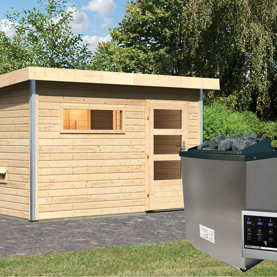 Karibu maison de sauna Skrollan 1 naturel (non traité), 9 kW cmd ext. Easy Finnisch, vitrage claire
