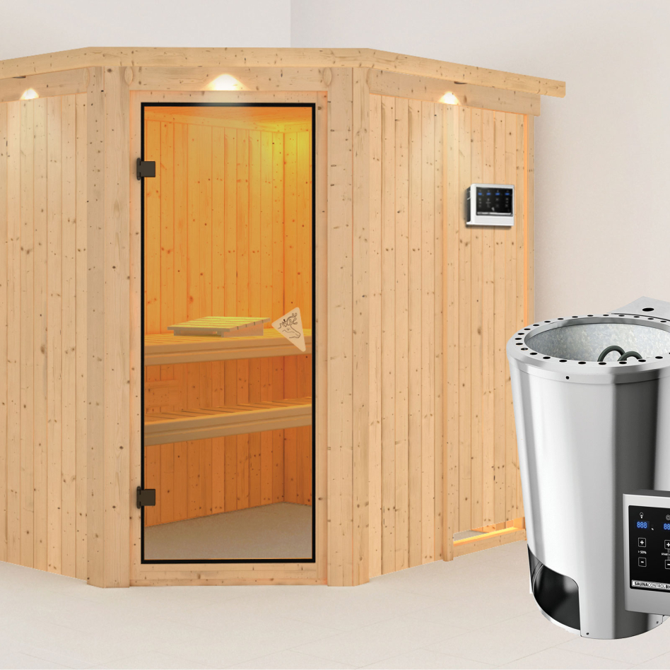 Sauna Karibu Saja, Easy Bio 3,6 kW Ofen, avec costière de toiture,bronzé,Porte tout verre
