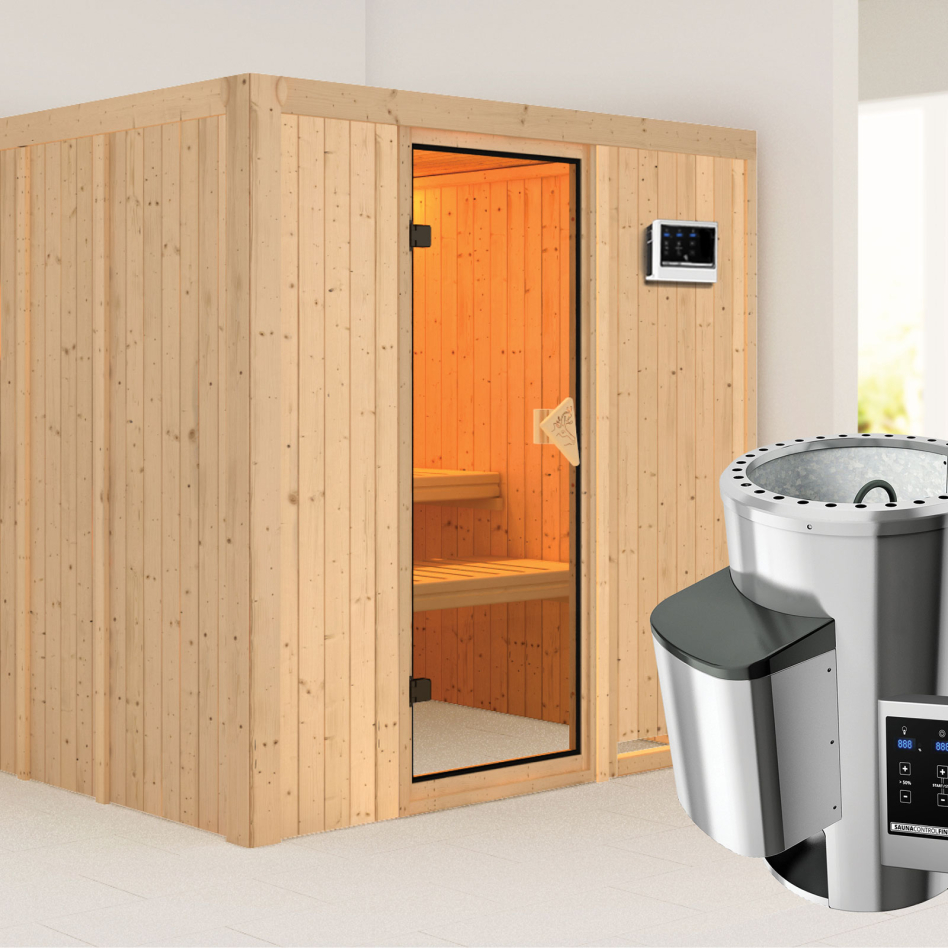 Sauna Karibu Daria, Easy Finnisch 3,6 kW Ofen, bronzé,Porte tout verre,sans corniche