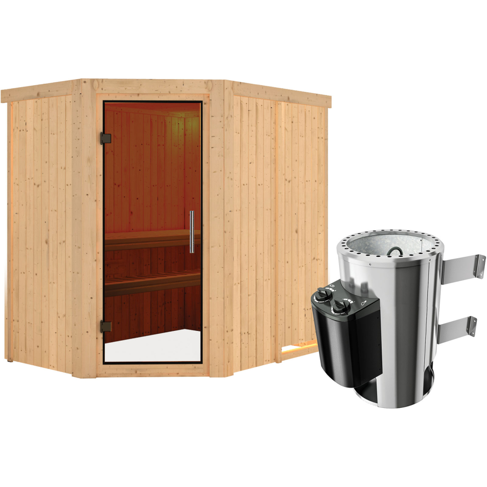 Sauna Karibu Saja, 3,6 kW Ofen, Plug&Play int. Steuerung, graphit,Porte tout verre,sans corniche
