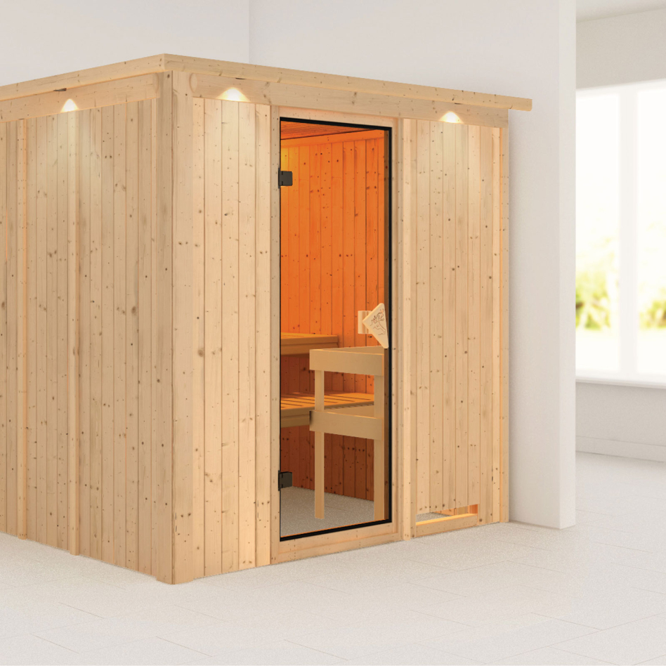 Sauna Karibu Daria, sans poêle, avec costière de toiture,bronzé,Porte tout verre