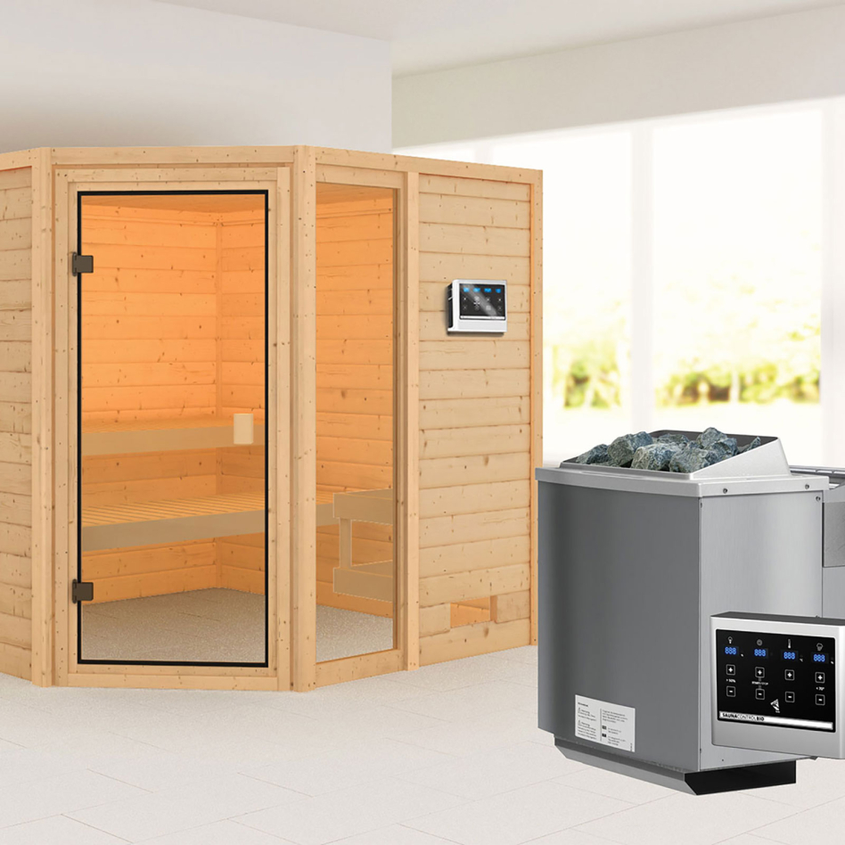 Sauna Karibu Woodfeeling Tabea, 9 kW cmd ext. Easy Bio, sans corniche