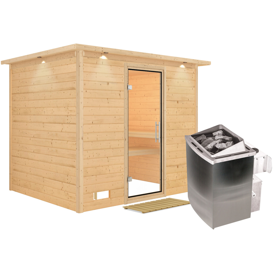 Karibu Sauna Sonara, 9 kW cmd intégrée, avec costière de toiture,Porte tout verre,vitrage claire
