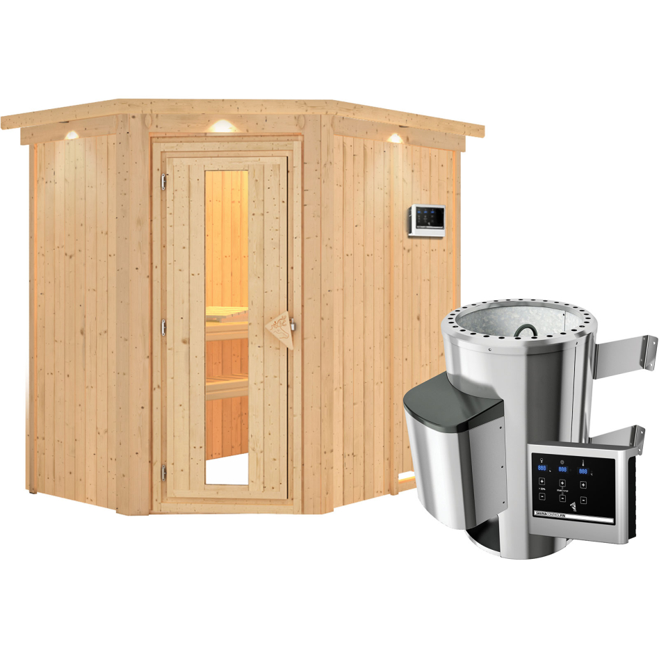 Sauna Karibu Saja, Easy Finnisch 3,6 kW Ofen, avec costière de toiture,Porte en bois avec vitrage isolant,vitrage claire