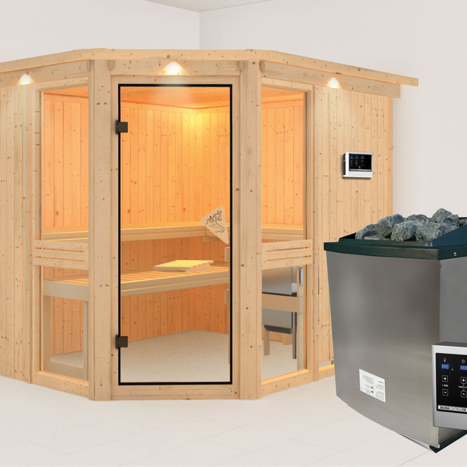Sauna Karibu Amelia 3, 9 kW cmd ext. Easy Finnisch, avec costière de toiture