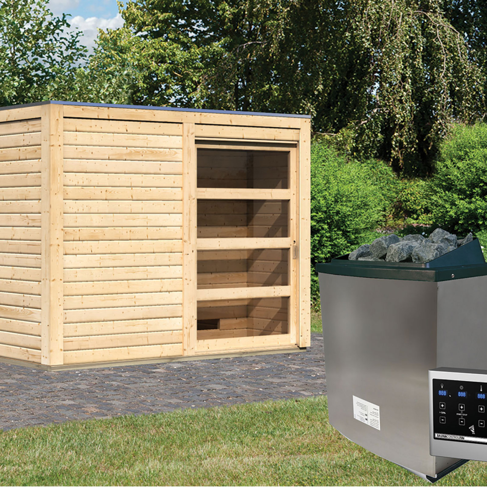 Maison de sauna Karibu Cuben bois naturel, 9 kW cmd ext. Easy Finnisch