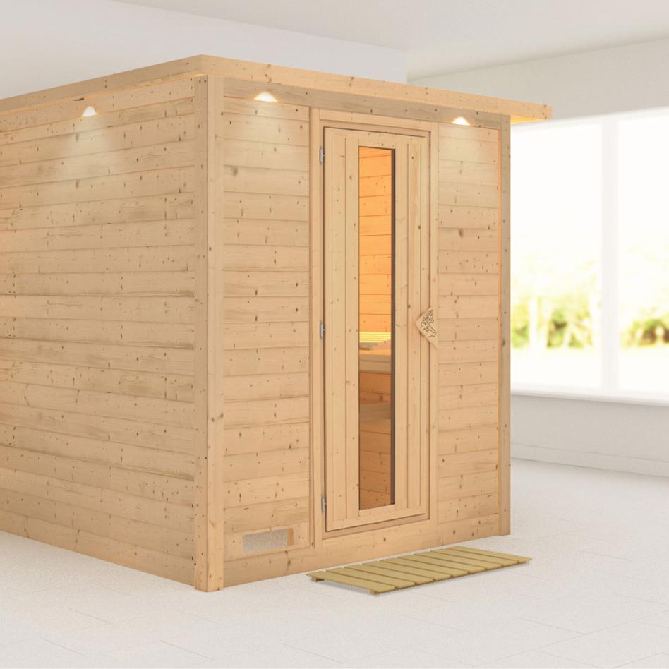 Karibu Sauna Mojave, sans poêle, avec costière de toiture,Porte en bois avec vitrage isolant,vitrage claire