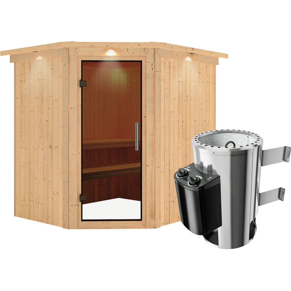 Sauna Karibu Lilja, 3,6 kW Ofen, Plug&Play int. Steuerung, avec costière de toiture,graphit,Porte tout verre