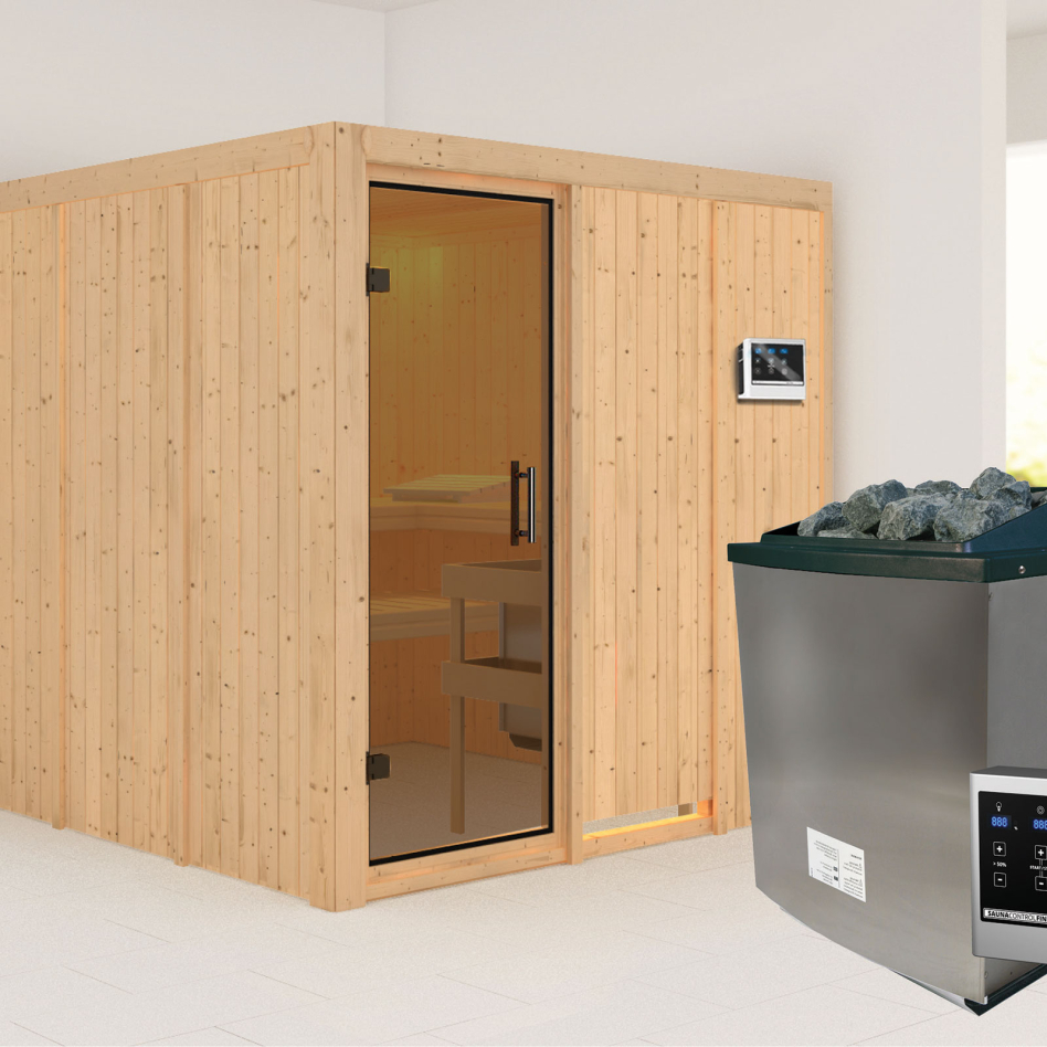 Karibu Sauna Rodin, 9 kW cmd ext. Easy Finnisch, graphit,Porte tout verre,sans corniche