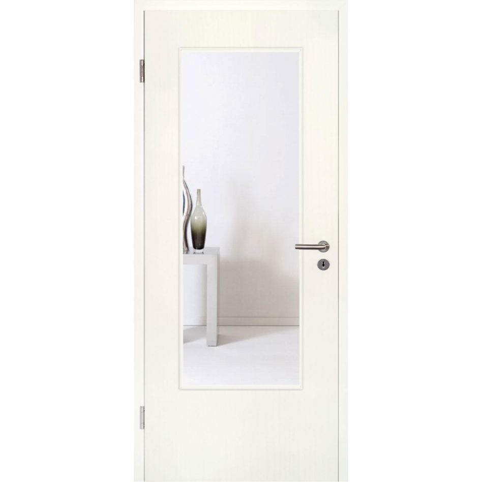 Kilsgaard Zimmertür mit Lichtausschnitt/Glas Esche weiß Lamikor Typ 43/LA Rundkante, DIN Links, 860x2110 mm,Klarglas (ESG)